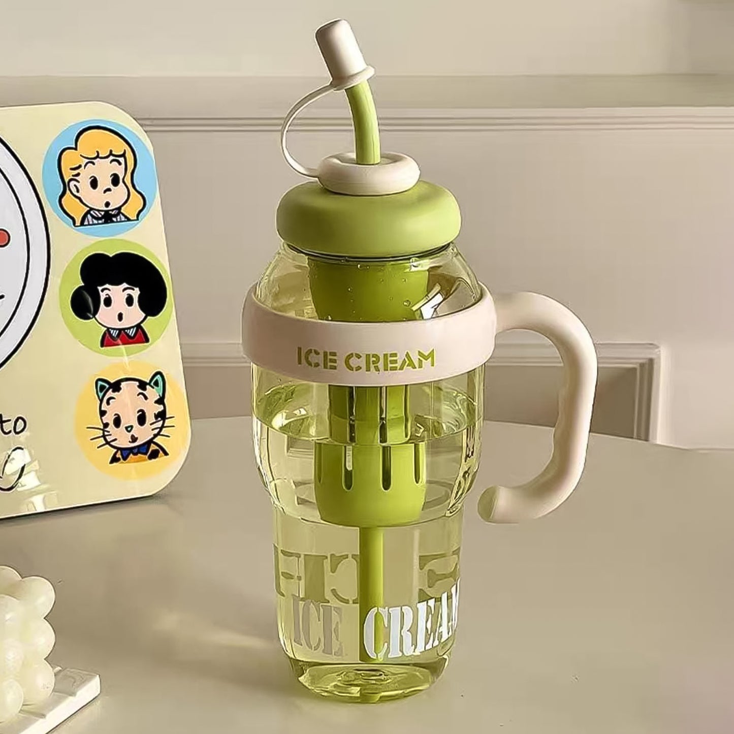 Approx 1300ml Large Capacity Cute Ice Cream Themed Water Bottle With Handle Straw Fruit Infuser Leakproof Sipper For Kids Adults