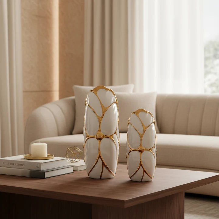 Sculptural Ceramic Vase Set – White & Gold (Set of 2)