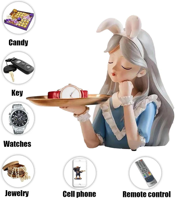 Decorative Girl Tray Showpiece with Bunny Ears Tabletop Organizer