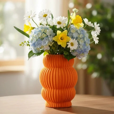Modern Ribbed Orange Ceramic Vases – Set of 3