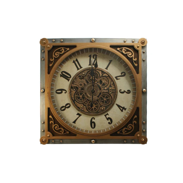 Steampunk Square Wall Clock with Vintage Gear Design