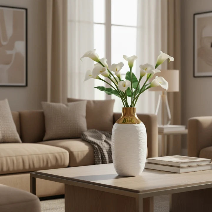 Textured Ceramic Vase with Gold Accent Neck