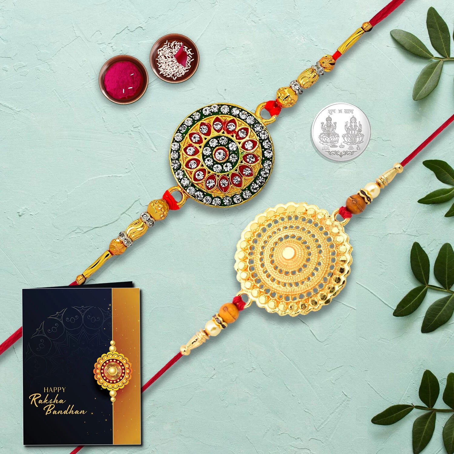 Traditional Designer Rakhi Combo Set With Blessing Coin Roli Chawal And Raksha Bandhan Greeting Card