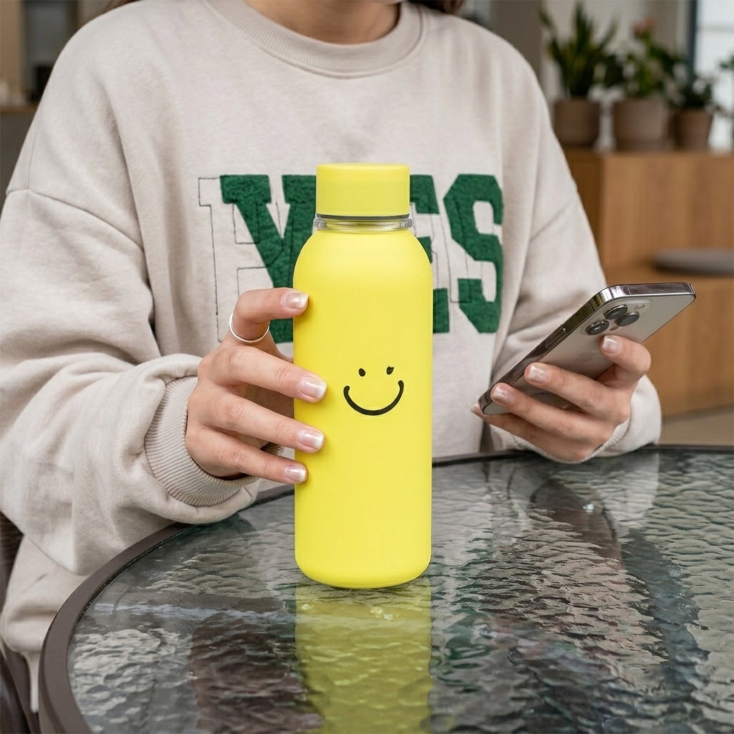 400 Ml Smiley Face Glass Water Bottle With Silicone Sleeve For Office (1 Pc)