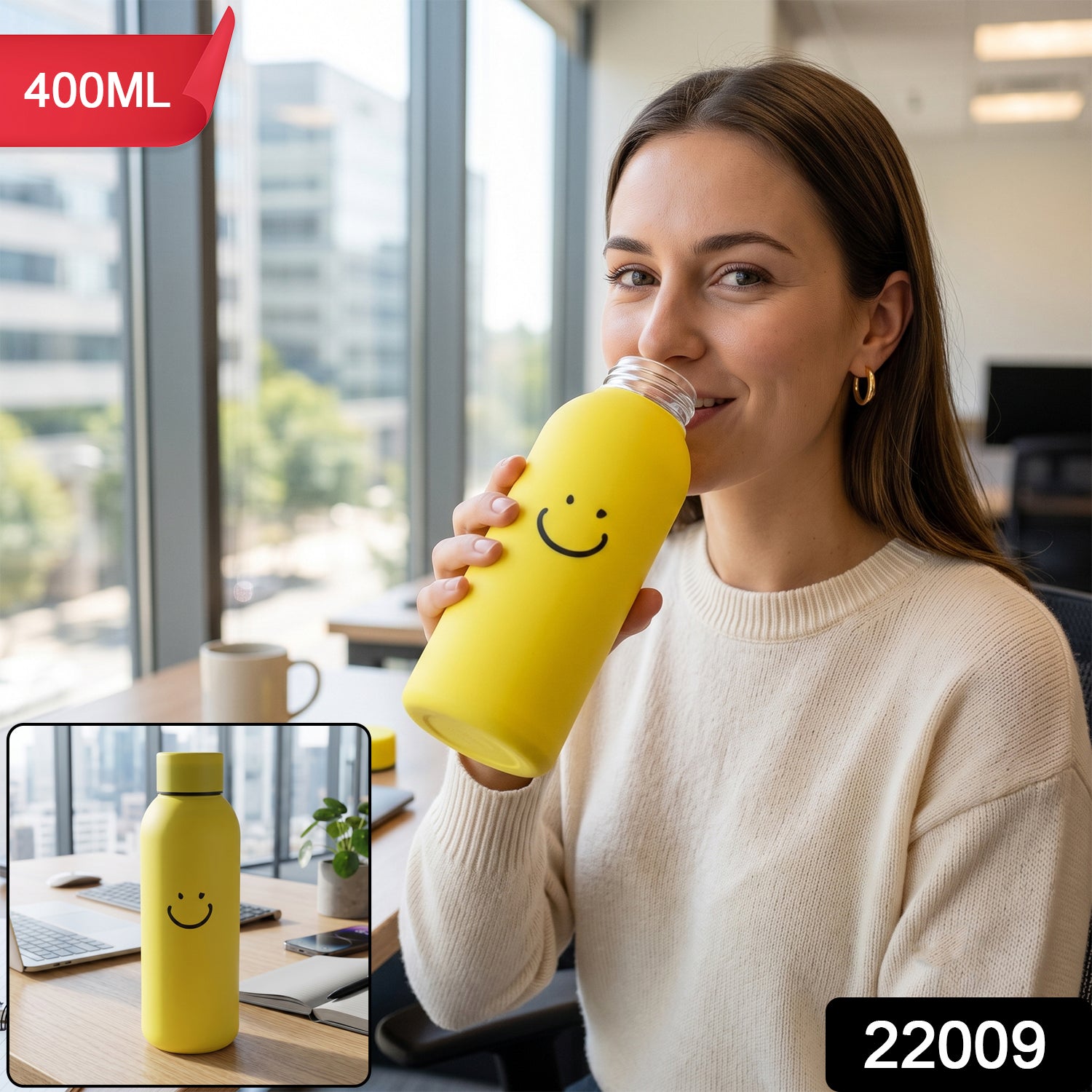 400 Ml Smiley Face Glass Water Bottle With Silicone Sleeve For Office (1 Pc)