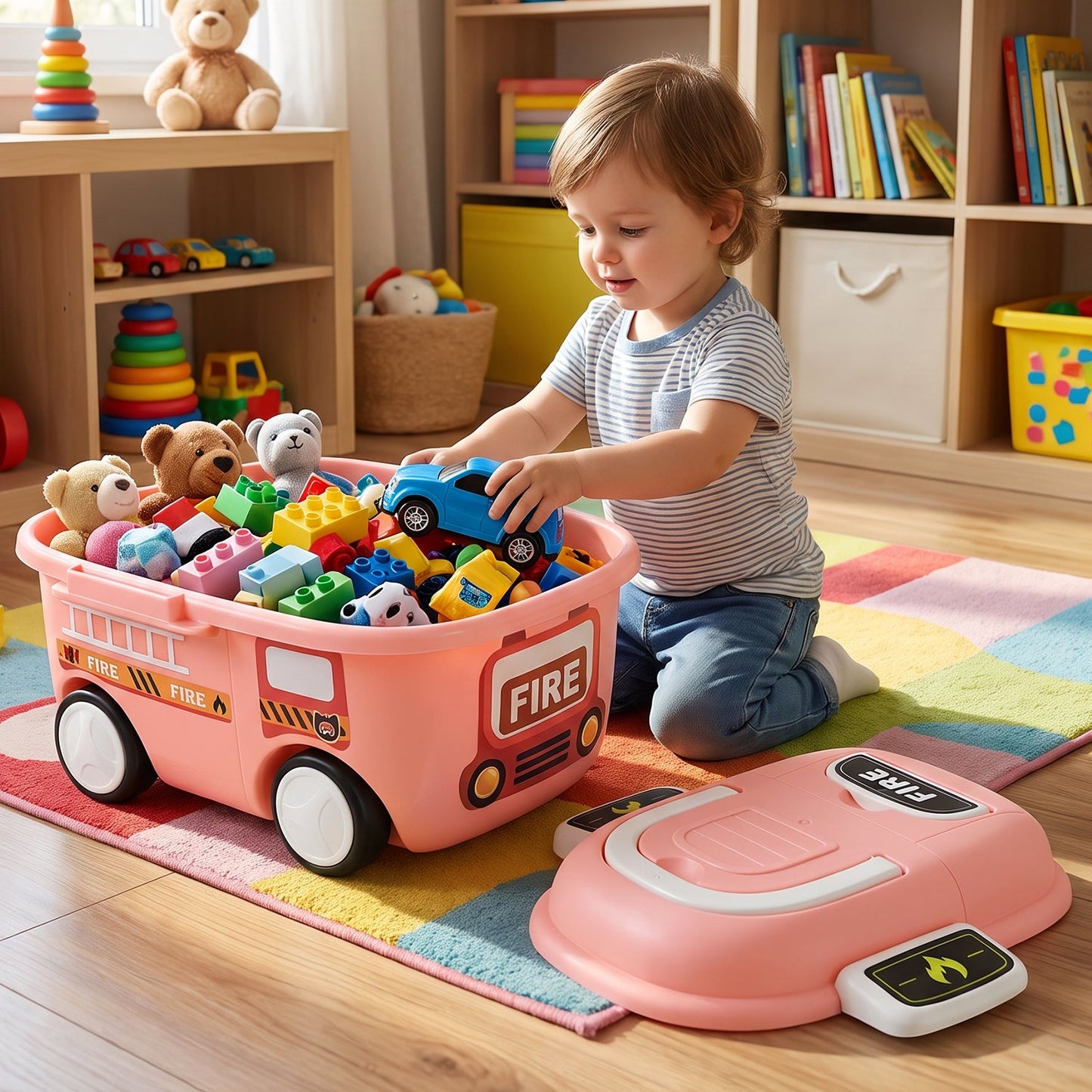 Fire Truck Kids Toy Storage Box With Lid And Wheels For Bedroom (1 Pc)