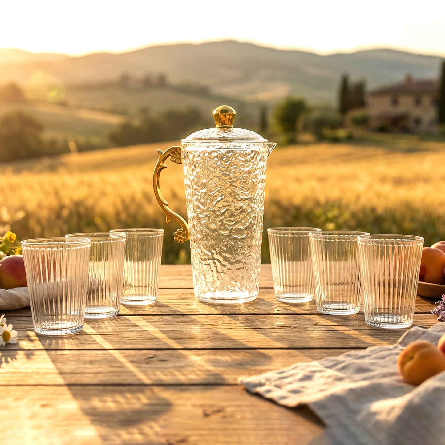 Elegant Textured Glass Water Jug With 6 Glasses Set (1 Set)