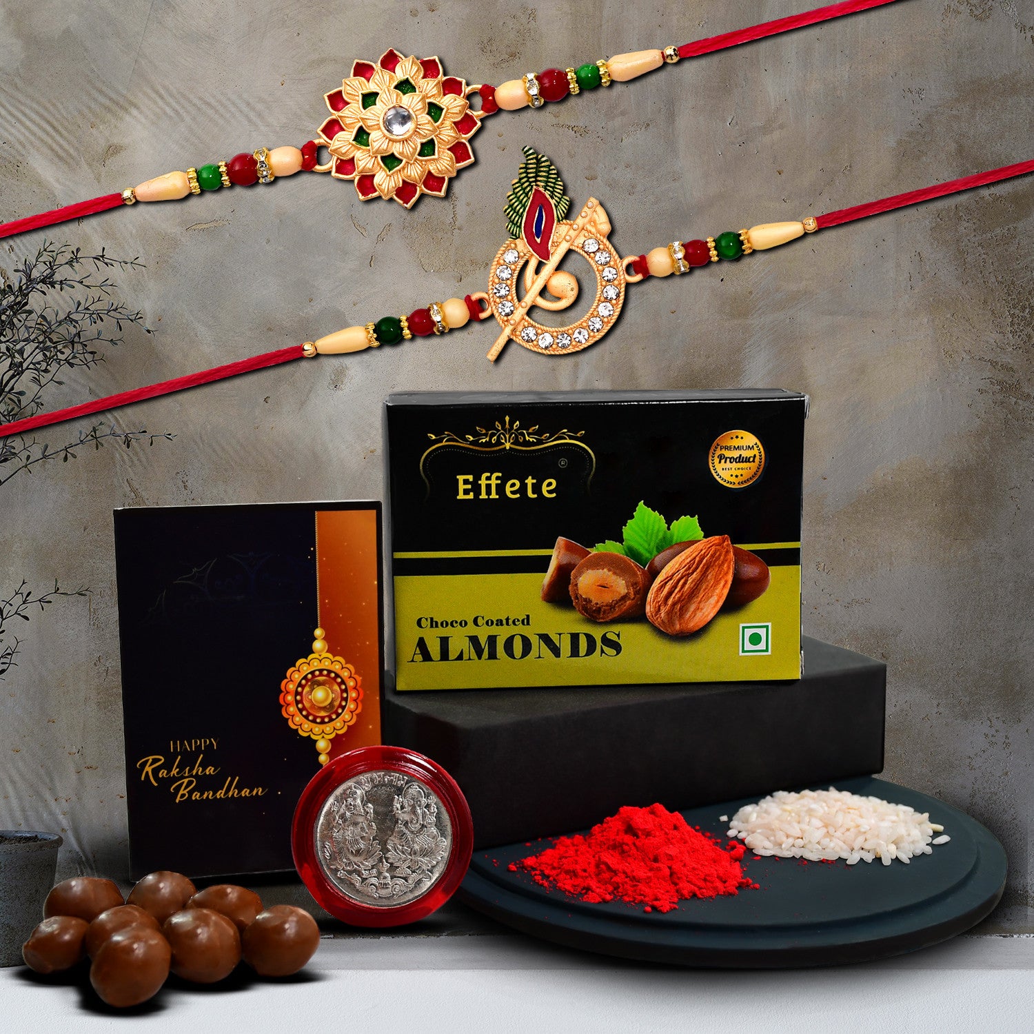 Premium Rakhi Gift Combo With Choco Almonds Traditional Rakhis  Festive Essentials