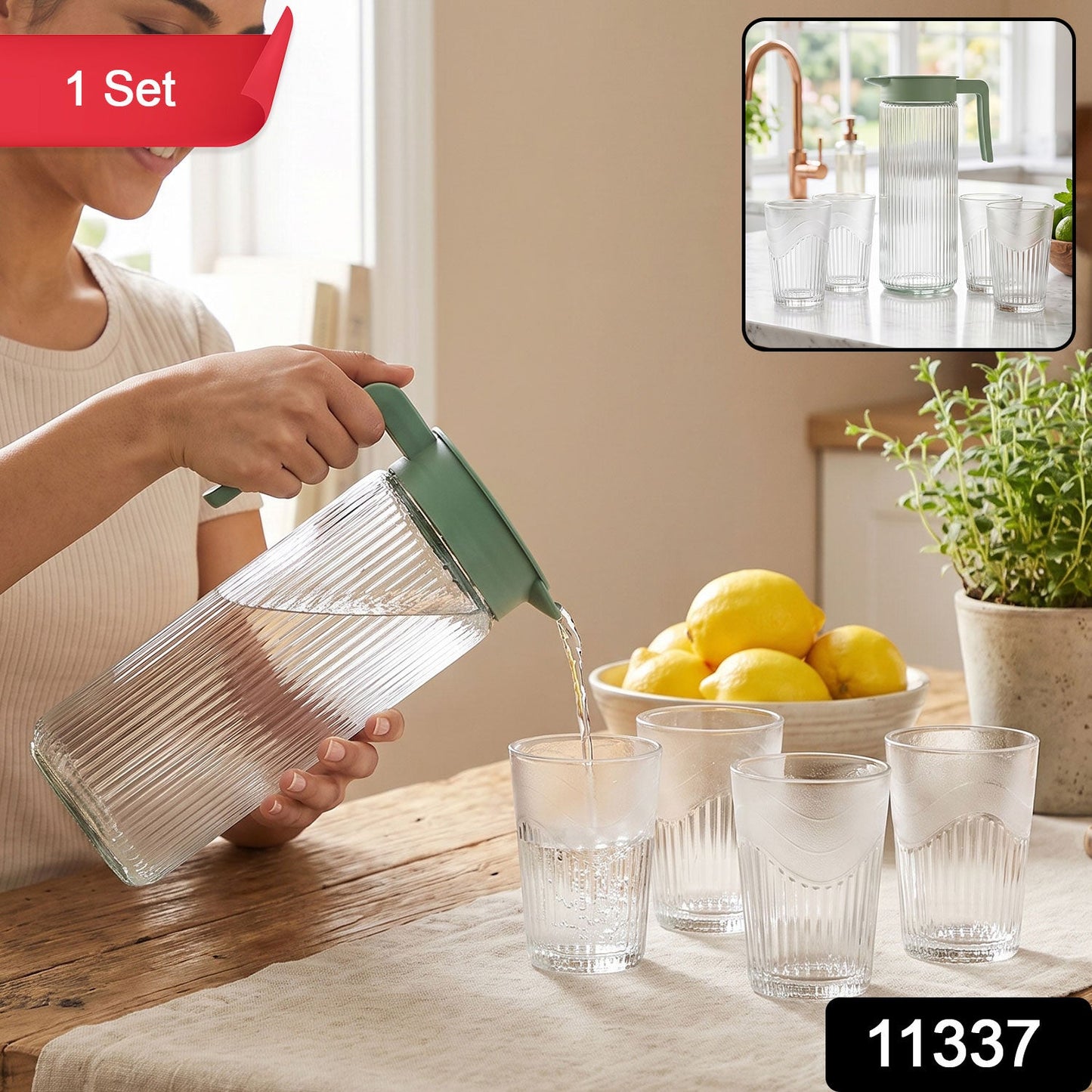 Glass Water Jug With Lid And 4 Glasses Set Ribbed Pitcher Carafe (1 Set)
