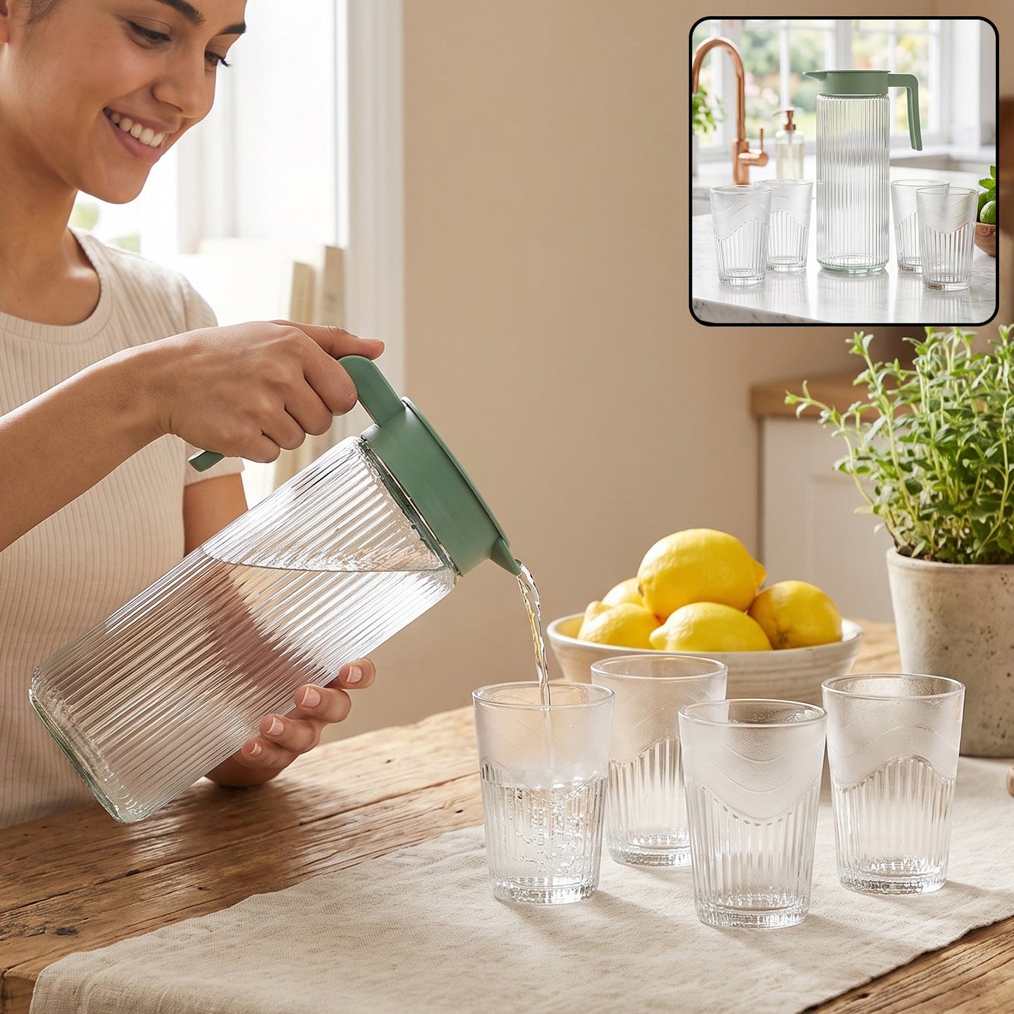 Glass Water Jug With Lid And 4 Glasses Set Ribbed Pitcher Carafe (1 Set)
