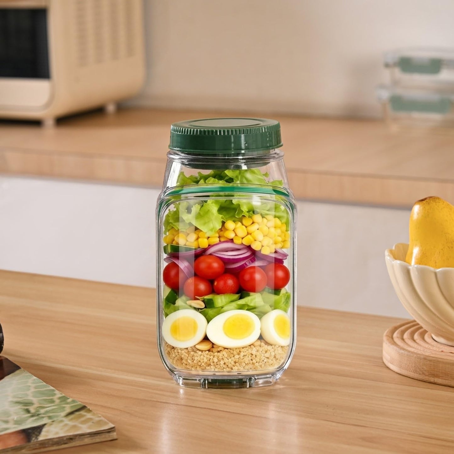 FLYCART22 Salad Jar with Side Opening & Lid for Office (1.2L) - Leak Proof Salad Jar with Dressing Compartment | Airtight & Dishwasher Safe Portable Meal Prep Container - Perfect for Work & Travel