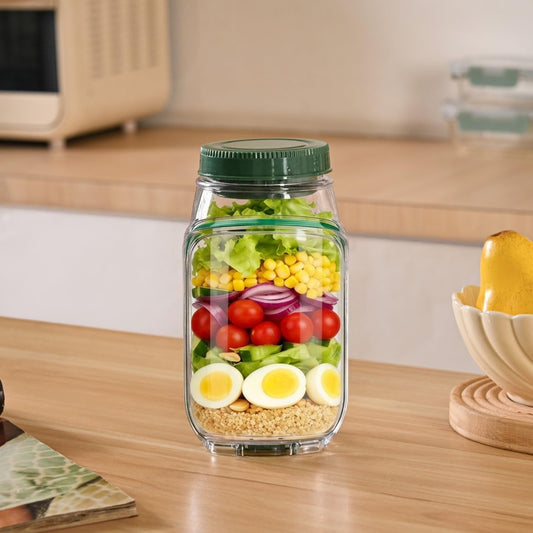 FLYCART22 Salad Jar with Side Opening & Lid for Office (1.2L) - Leak Proof Salad Jar with Dressing Compartment | Airtight & Dishwasher Safe Portable Meal Prep Container - Perfect for Work & Travel