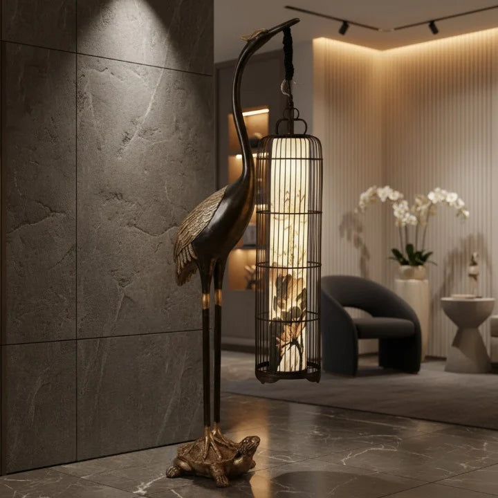 Imperial Crane Sculpture Floor Lamp with Lantern Glow- Limited Edition