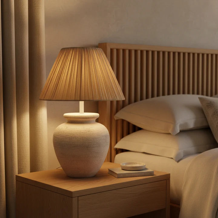 Rustic Ceramic Table Lamp with Handcrafted Pleated Fabric Shade