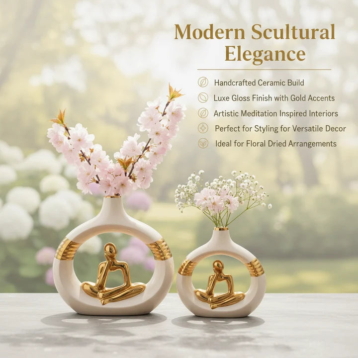 Thinker Sculpture Vase Set – White & Gold