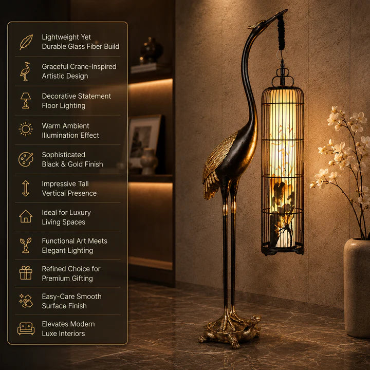 Imperial Crane Sculpture Floor Lamp with Lantern Glow- Limited Edition