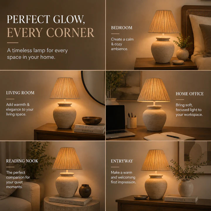 Rustic Ceramic Table Lamp with Handcrafted Pleated Fabric Shade