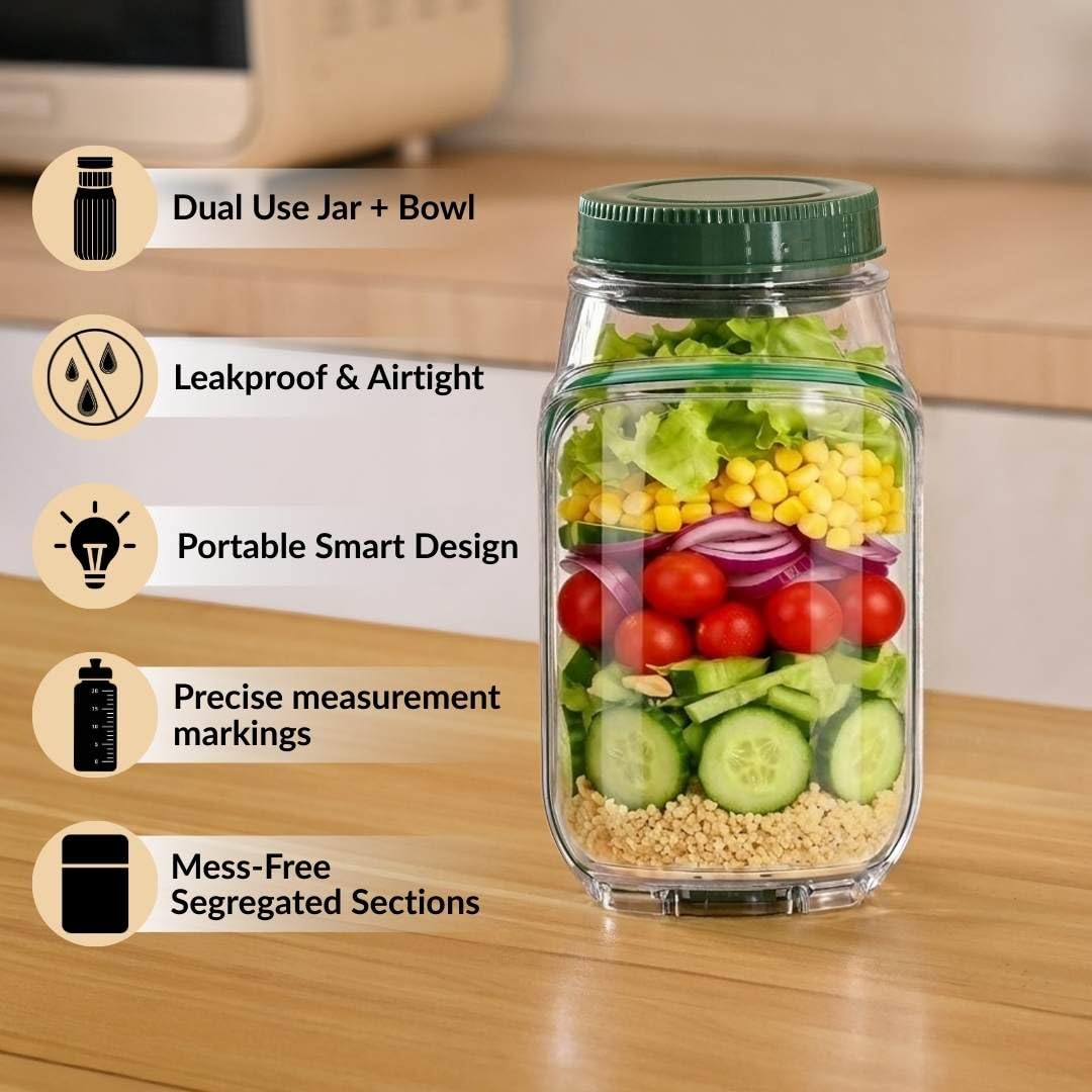 FLYCART22 Salad Jar with Side Opening & Lid for Office (1.2L) - Leak Proof Salad Jar with Dressing Compartment | Airtight & Dishwasher Safe Portable Meal Prep Container - Perfect for Work & Travel