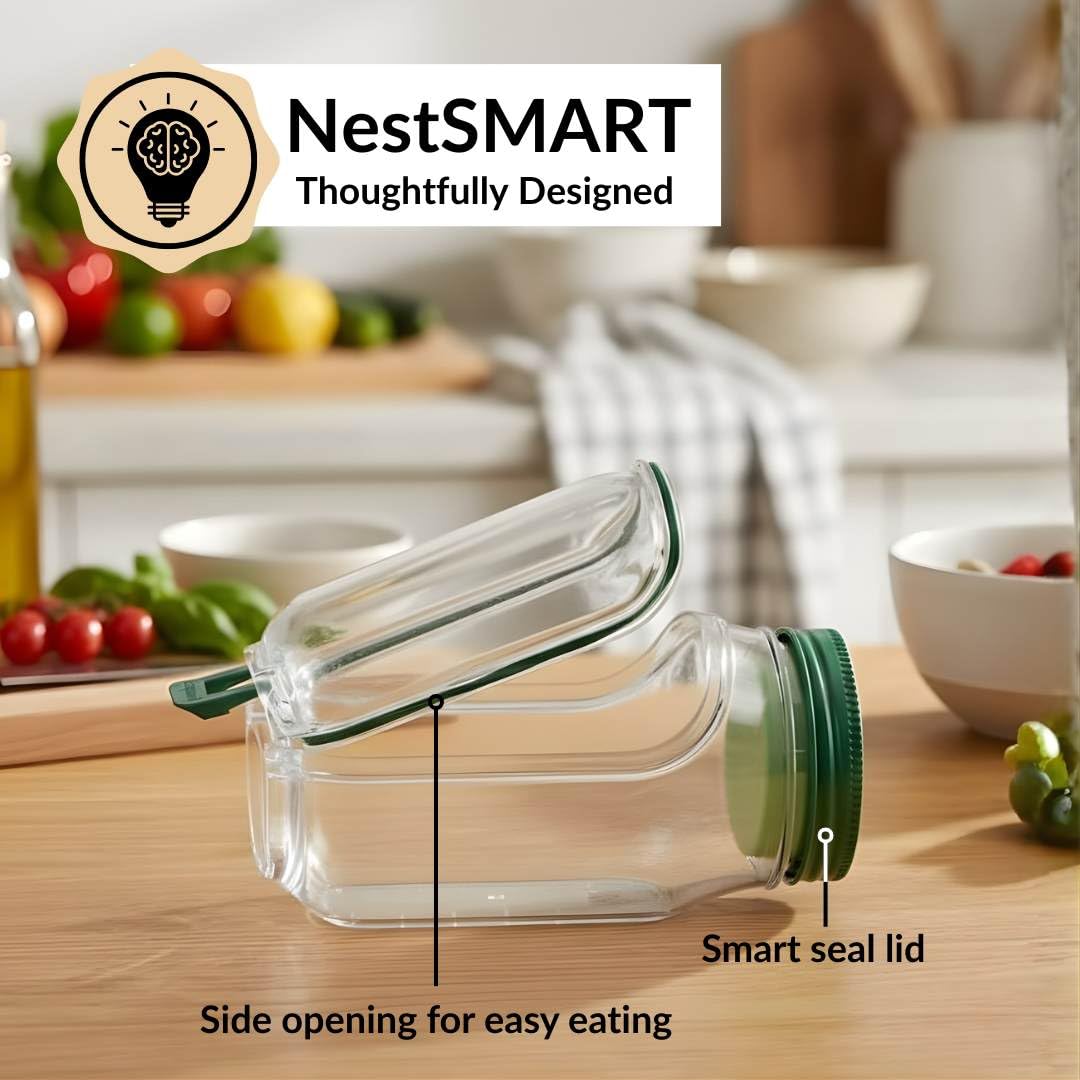 FLYCART22 Salad Jar with Side Opening & Lid for Office (1.2L) - Leak Proof Salad Jar with Dressing Compartment | Airtight & Dishwasher Safe Portable Meal Prep Container - Perfect for Work & Travel