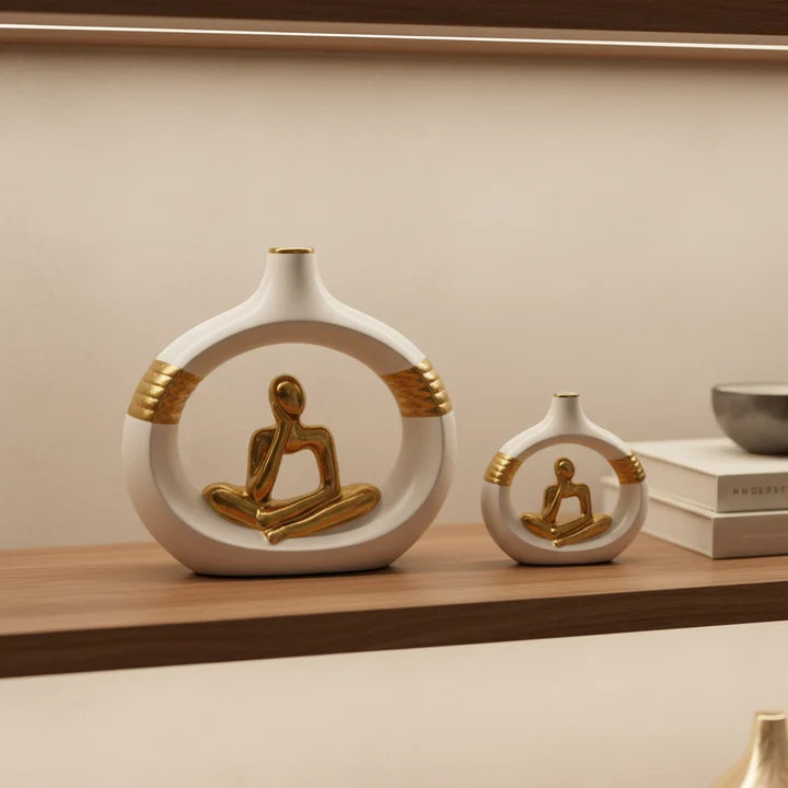 Thinker Sculpture Vase Set – White & Gold