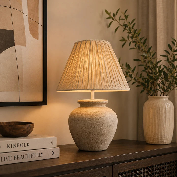 Rustic Ceramic Table Lamp with Handcrafted Pleated Fabric Shade