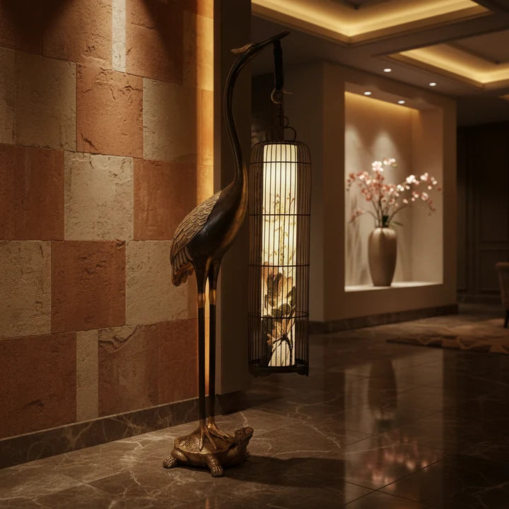 Imperial Crane Sculpture Floor Lamp with Lantern Glow- Limited Edition