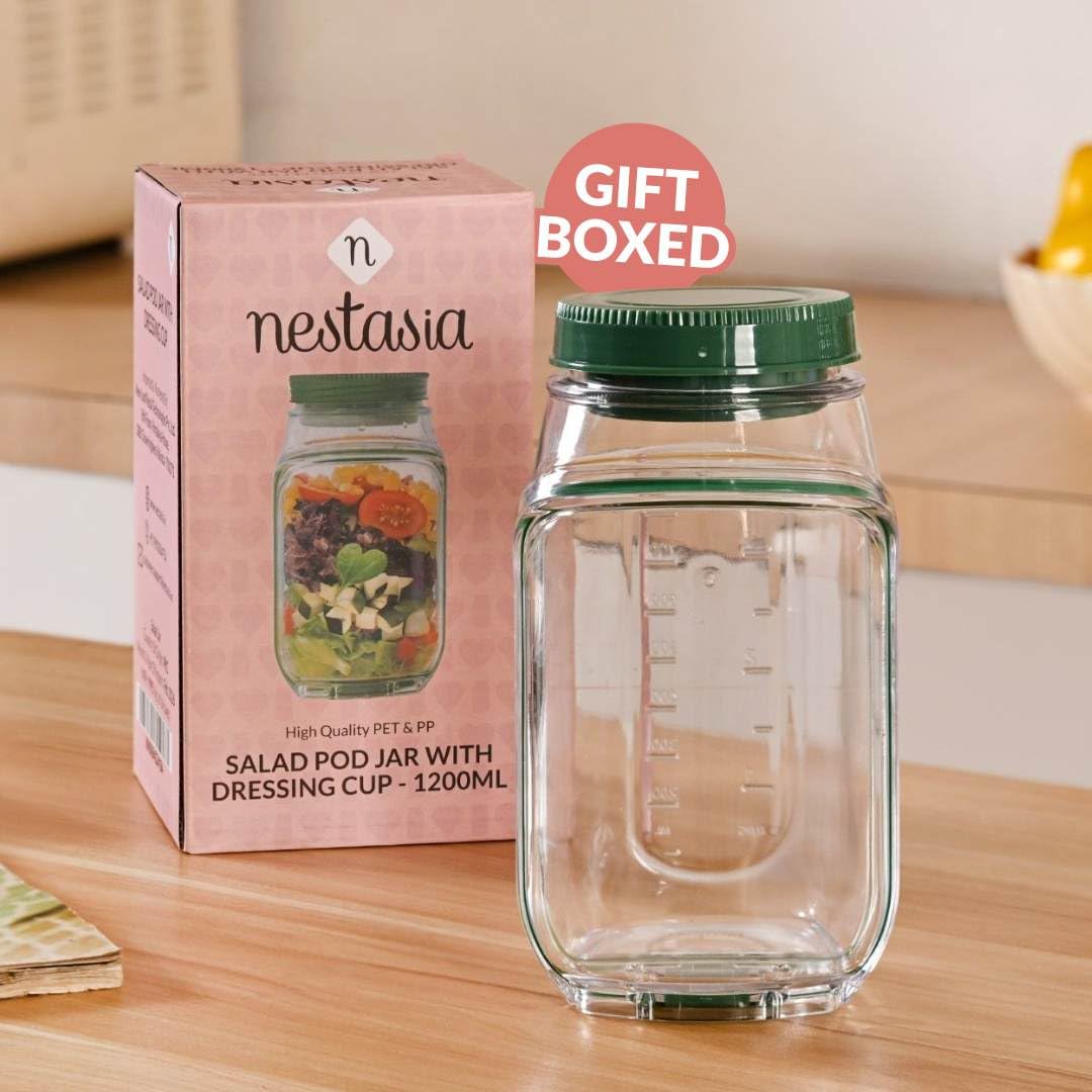FLYCART22 Salad Jar with Side Opening & Lid for Office (1.2L) - Leak Proof Salad Jar with Dressing Compartment | Airtight & Dishwasher Safe Portable Meal Prep Container - Perfect for Work & Travel