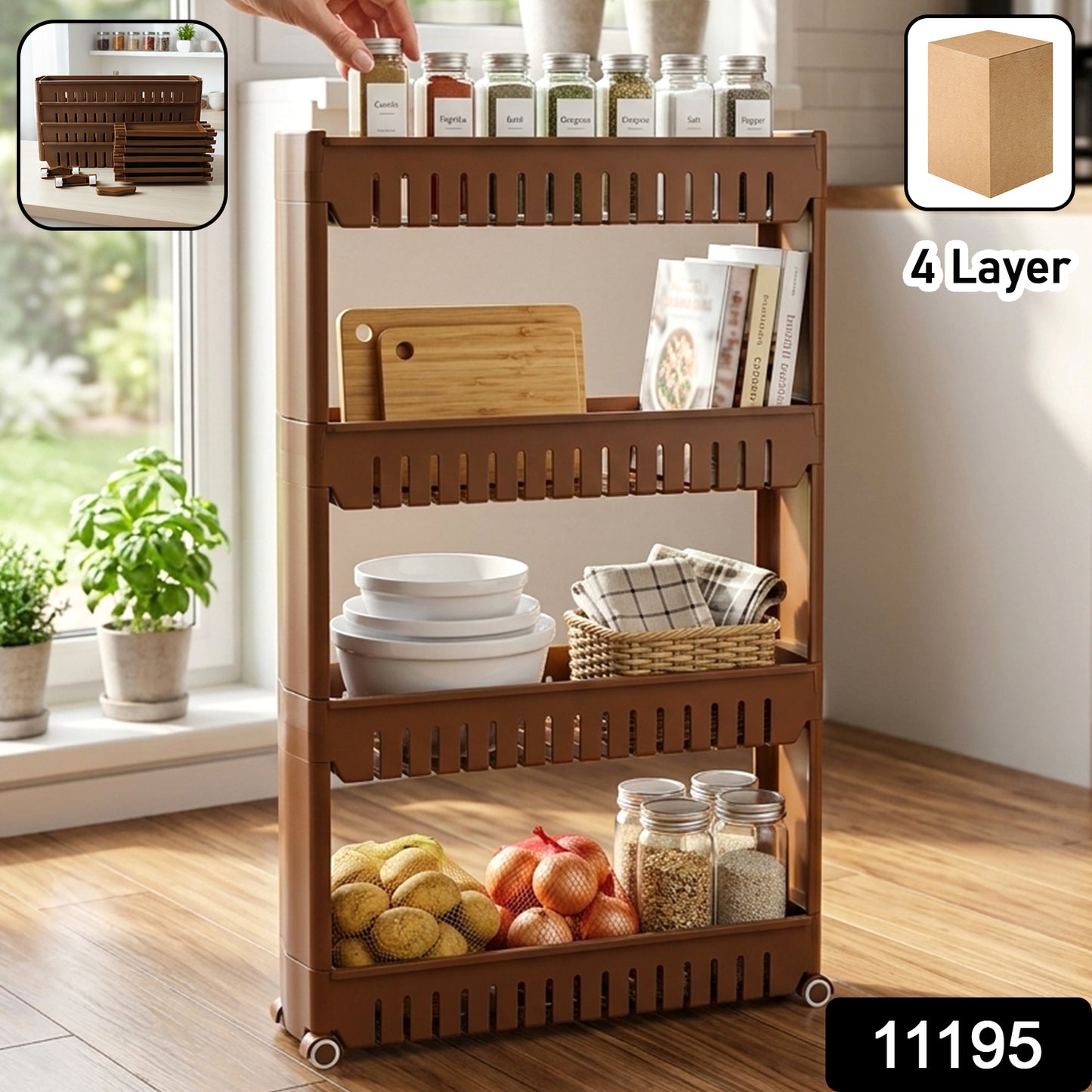 Multipurpose Plastic 4 Layer Storage Rack With Wheels