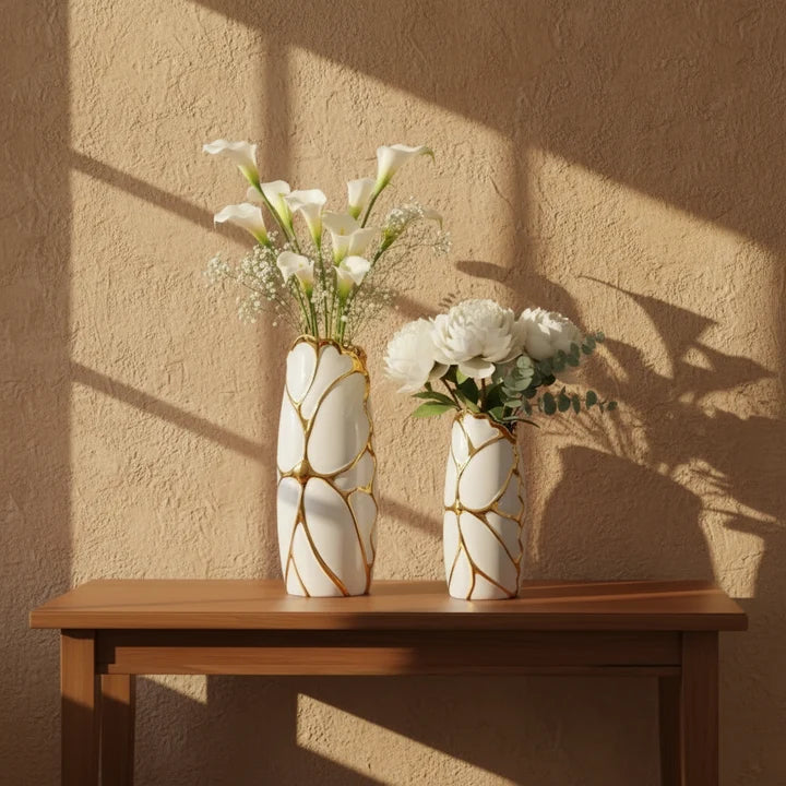 Sculptural Ceramic Vase Set – White & Gold (Set of 2)
