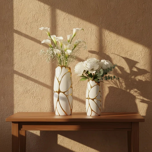 Sculptural Ceramic Vase Set – White & Gold (Set of 2)