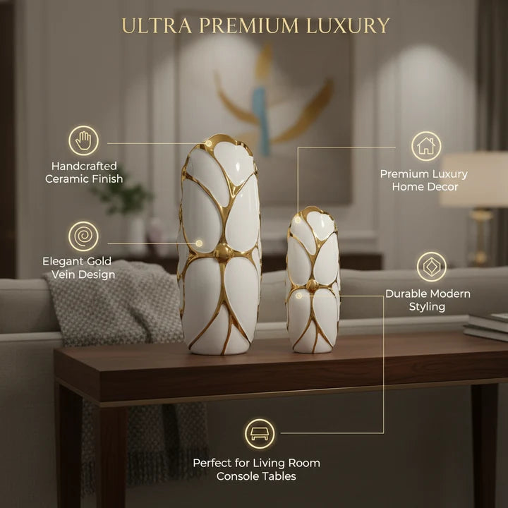 Sculptural Ceramic Vase Set – White & Gold (Set of 2)