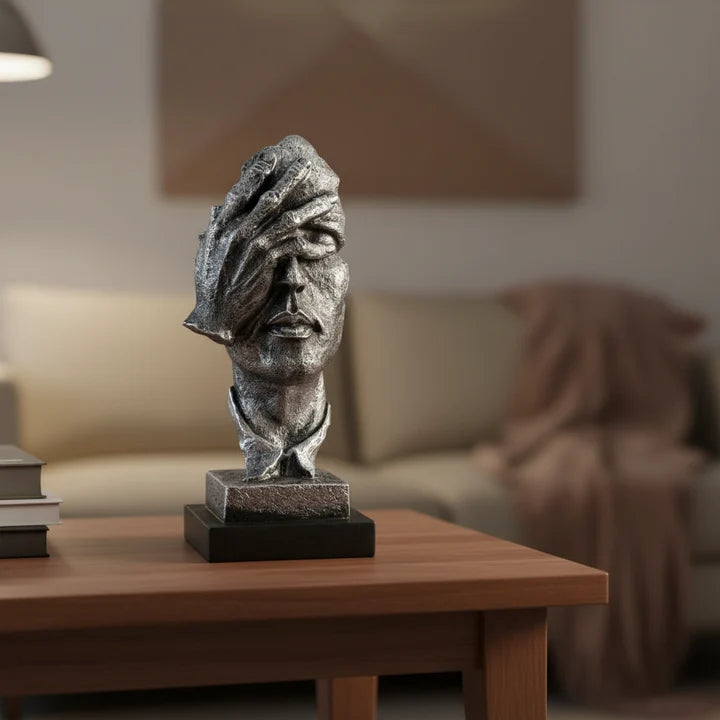 Modern Silver Polyresin Human Face Statue Tabletop Organizer