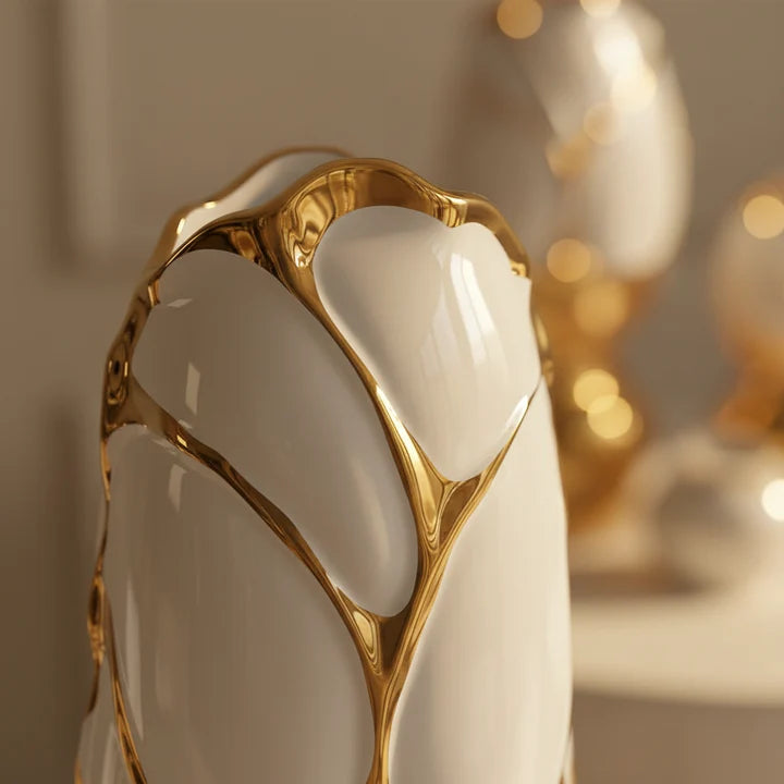 Sculptural Ceramic Vase Set – White & Gold (Set of 2)
