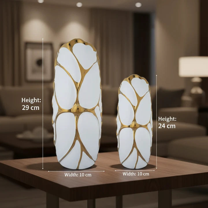 Sculptural Ceramic Vase Set – White & Gold (Set of 2)