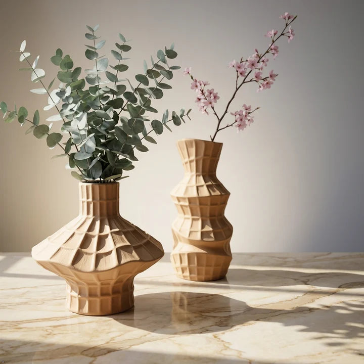 Geometric Faceted Ceramic Vase Set of 2