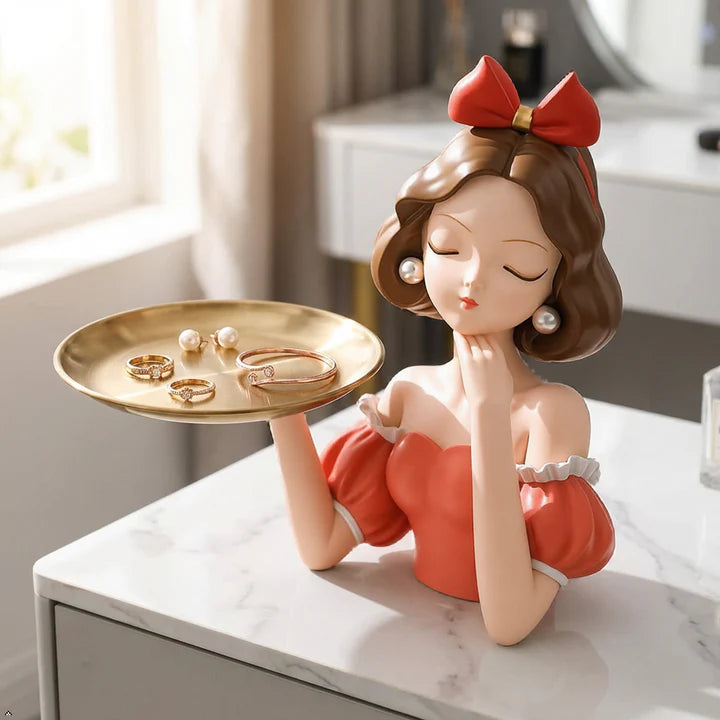 Golden Metal Tray with Polyresin Lady Figurine Tabletop Organizer