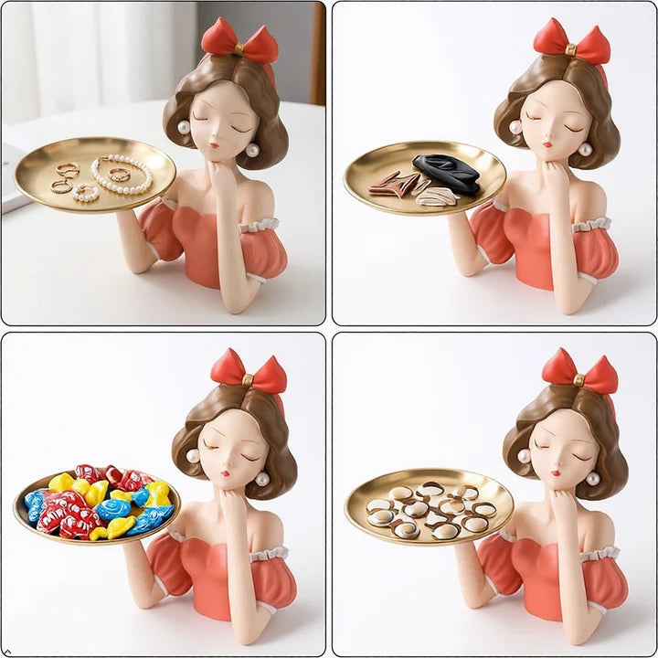 Golden Metal Tray with Polyresin Lady Figurine Tabletop Organizer