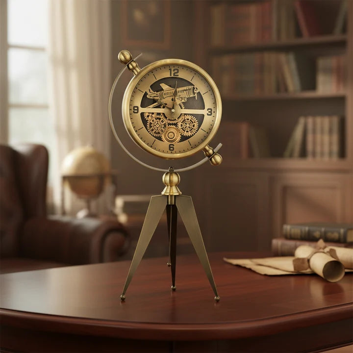 Vintage Aviator Gear Tripod Table Clock