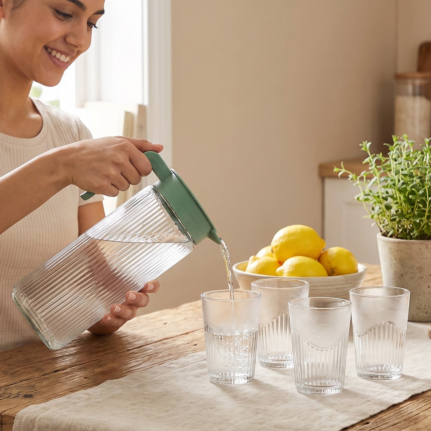 Glass Water Jug With Lid And 4 Glasses Set Ribbed Pitcher Carafe (1 Set)