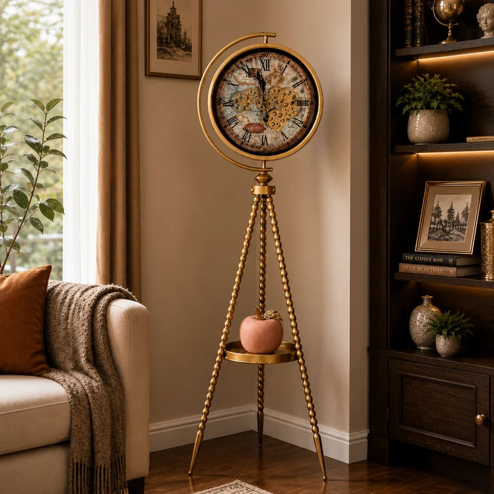 Vintage Gear Floor Clock with Tripod Stand – Antique Gold Finish