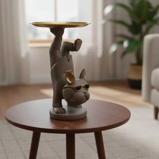 Cool Street Style Bulldog Figurine with Storage Tray Tabletop Organizer