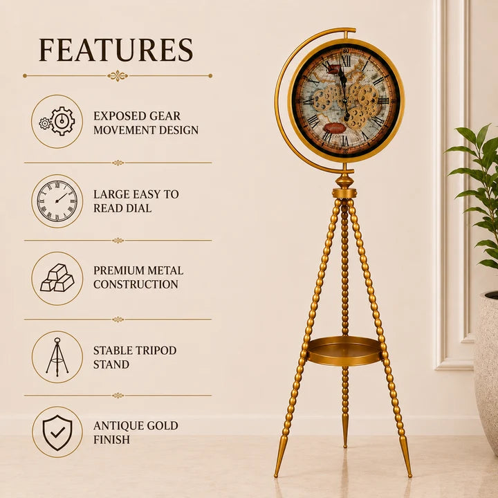 Vintage Gear Floor Clock with Tripod Stand – Antique Gold Finish