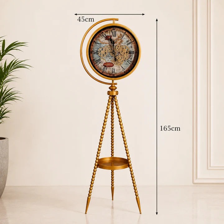 Vintage Gear Floor Clock with Tripod Stand – Antique Gold Finish