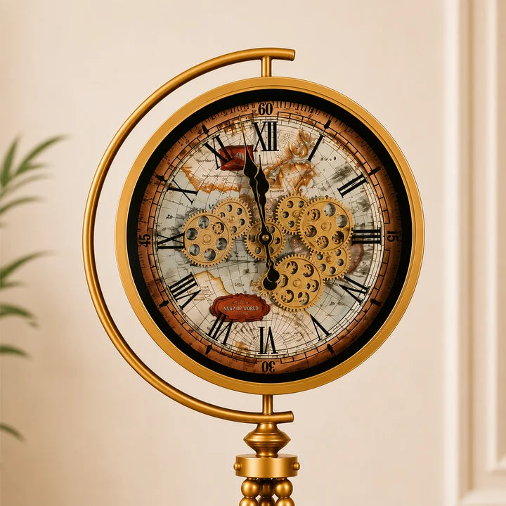 Vintage Gear Floor Clock with Tripod Stand – Antique Gold Finish