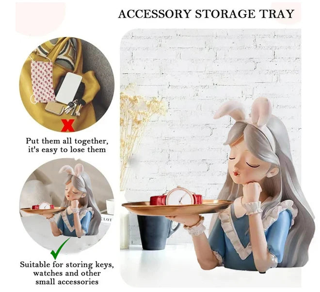 Decorative Girl Tray Showpiece with Bunny Ears Tabletop Organizer