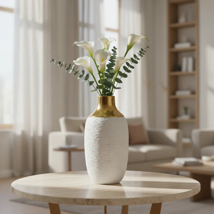 Textured Ceramic Vase with Gold Accent Neck