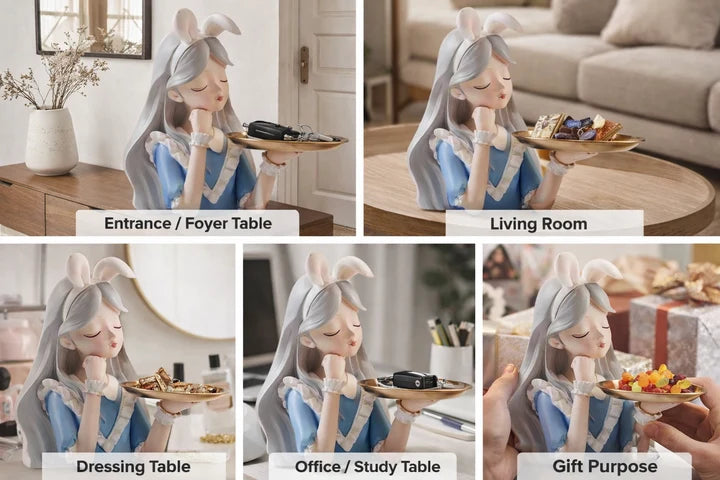 Decorative Girl Tray Showpiece with Bunny Ears Tabletop Organizer