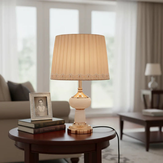 European Table Lamp with Satin Shade & Alabaster Base