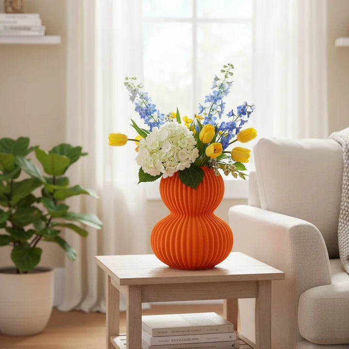 Modern Ribbed Orange Ceramic Vases – Set of 3