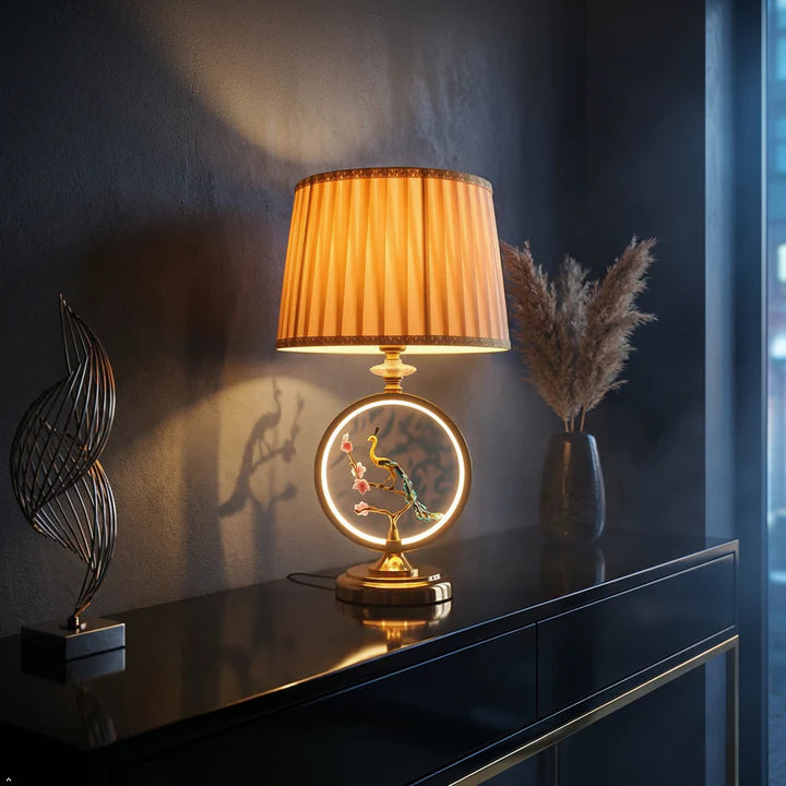 Peacock Table Lamp with Gold Frame